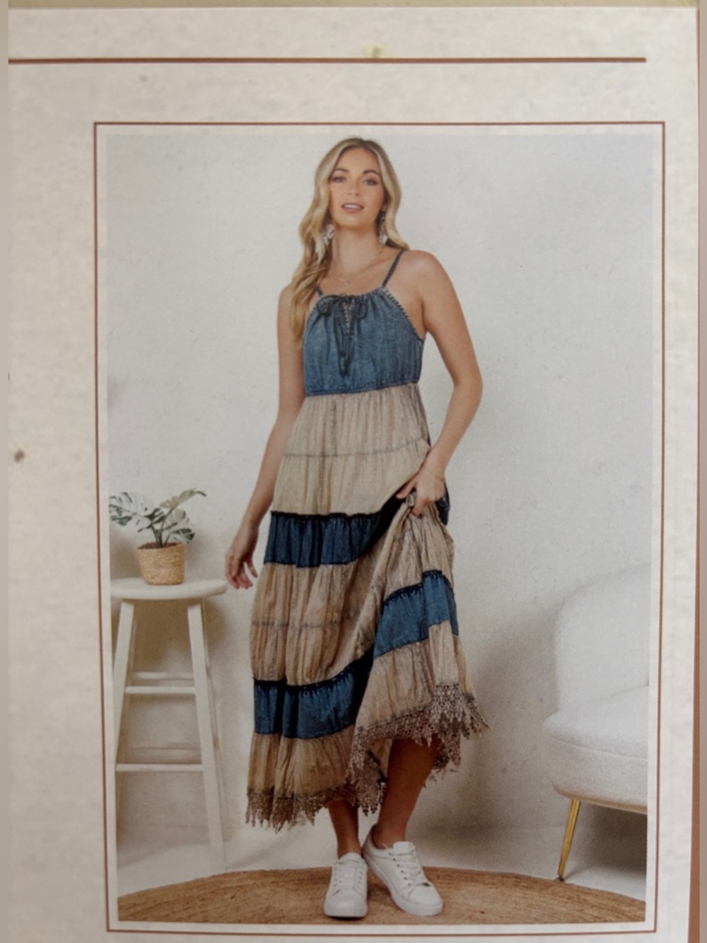 Young Threads Boho Denim Patchwork Tiered Maxi Dress NWT - Picture 2 of 10